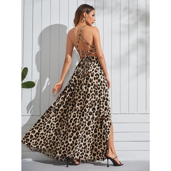 Leopard print boho Criss Cross Back Split Thigh maxi Dress - Picture 2 of 5